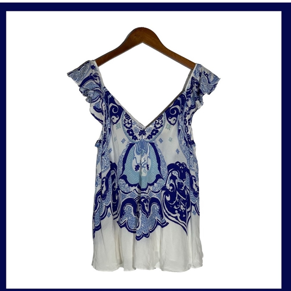 Anthropologie Maeve Blue Paisley Deep V Neck Tank Blouse Sz 14